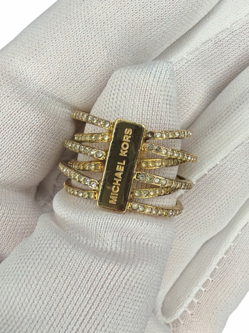 Michael Kors Gold Tone Crystal Multi Band Statement Ring Size 8